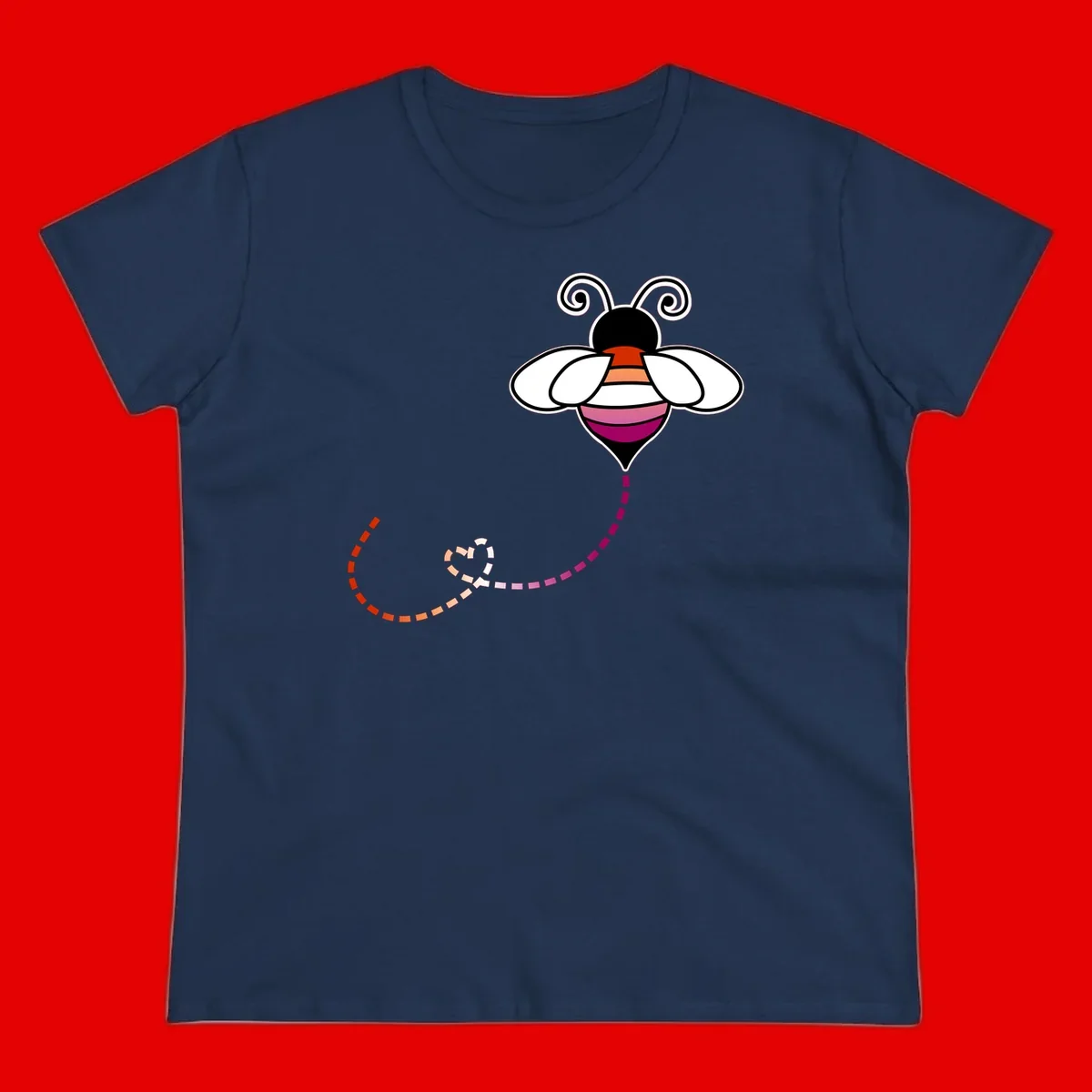 Illustrated rainbow pride bee with spiral antennae, white wings, and colorful striped body with dotted flight path