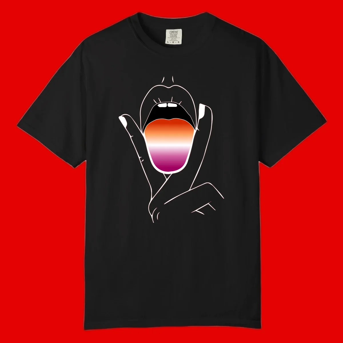 Minimalist line art of an open mouth with pride flag gradient colors, framed by hands with expressive details