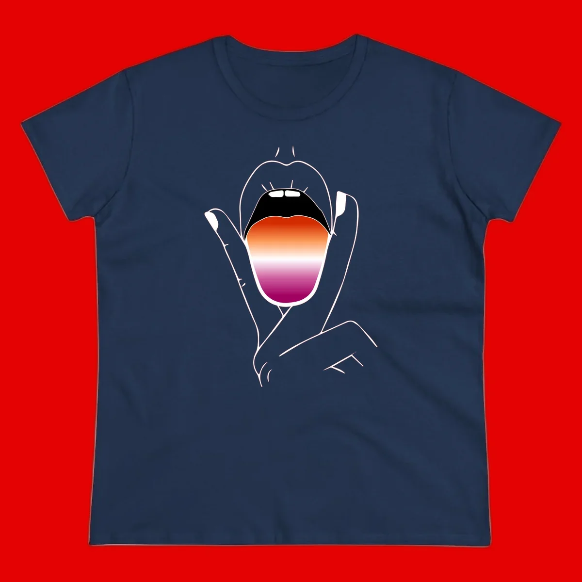 Minimalist line art of an open mouth with pride flag gradient colors, framed by hands with expressive details