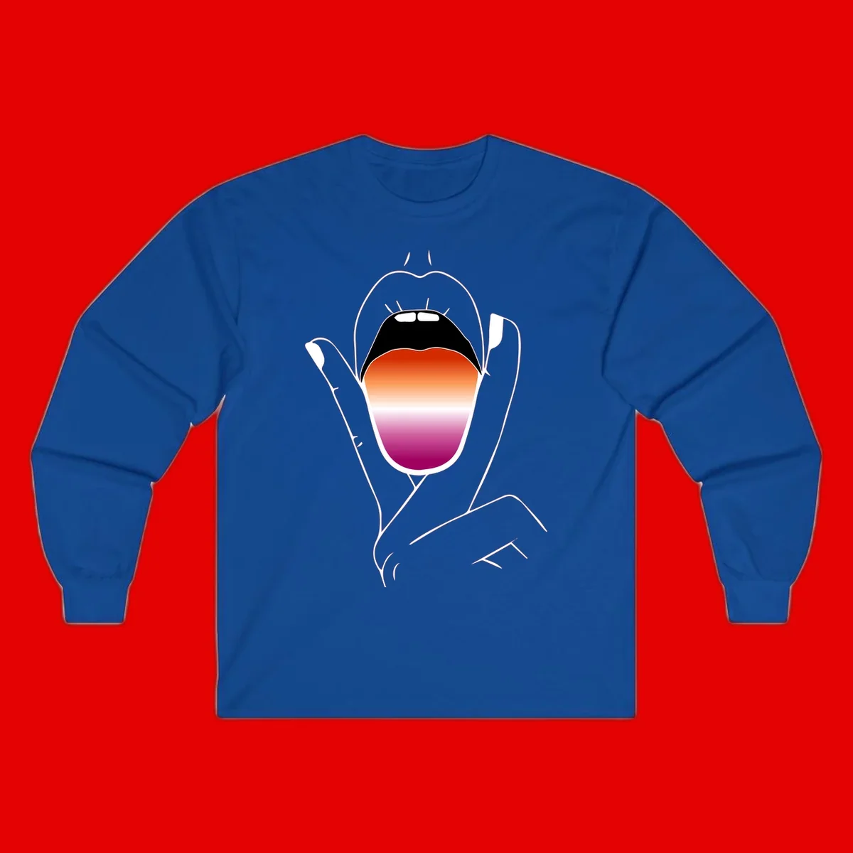Minimalist line art of an open mouth with pride flag gradient colors, framed by hands with expressive details