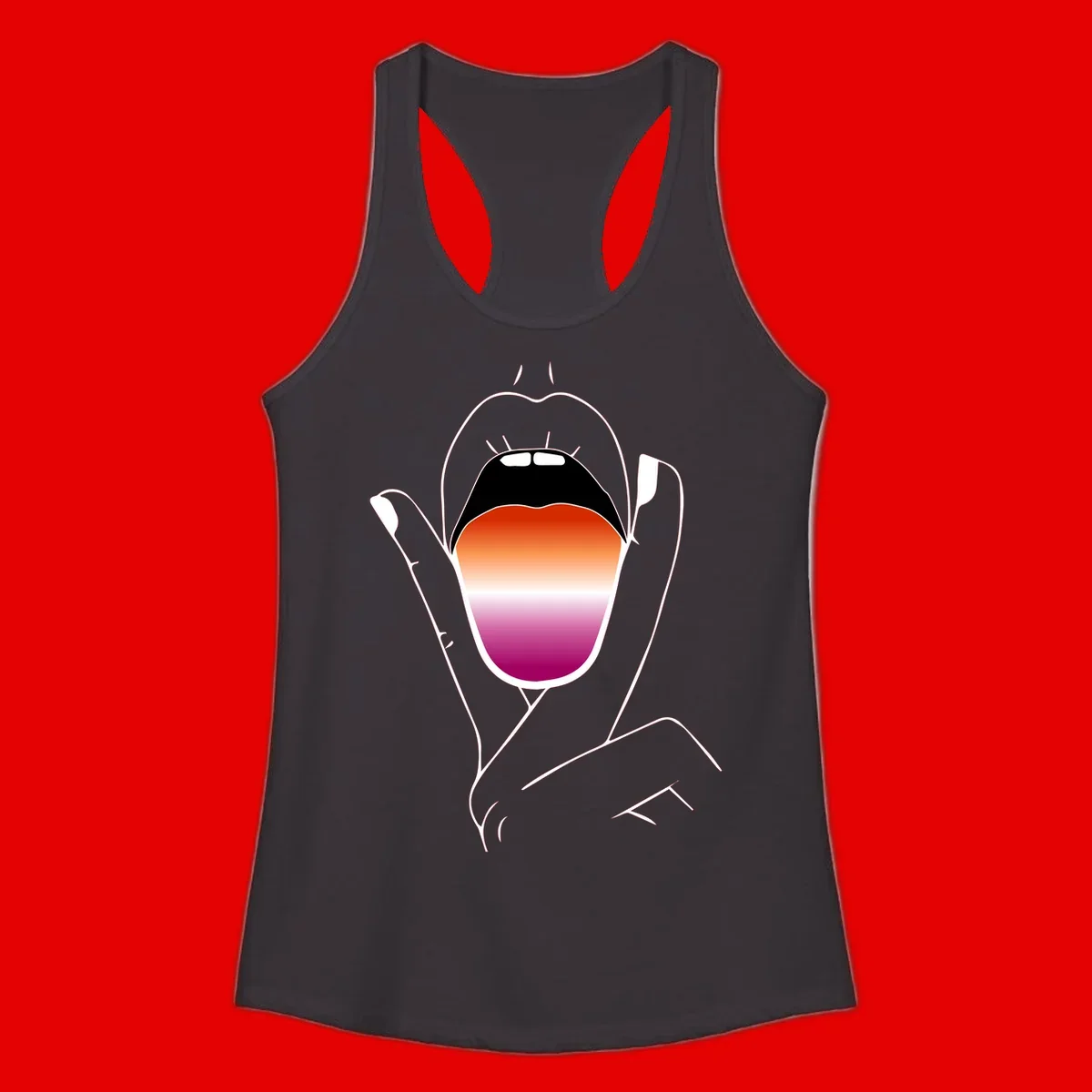 Minimalist line art of an open mouth with pride flag gradient colors, framed by hands with expressive details