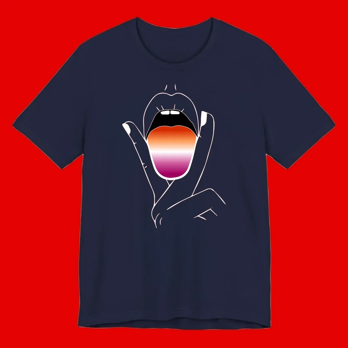 Minimalist line art of an open mouth with pride flag gradient colors, framed by hands with expressive details