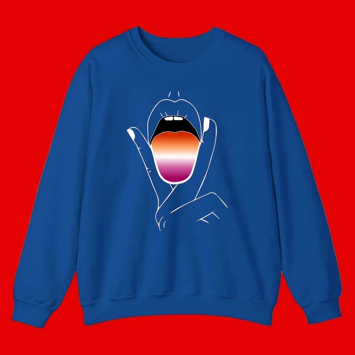 Minimalist line art of an open mouth with pride flag gradient colors, framed by hands with expressive details