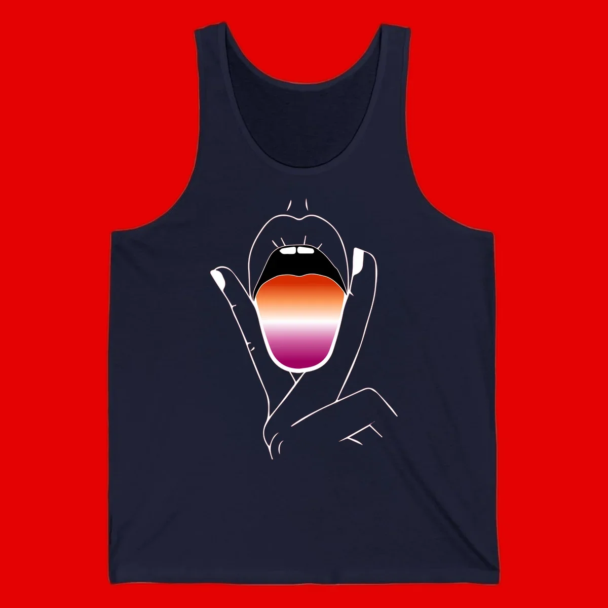 Minimalist line art of an open mouth with pride flag gradient colors, framed by hands with expressive details