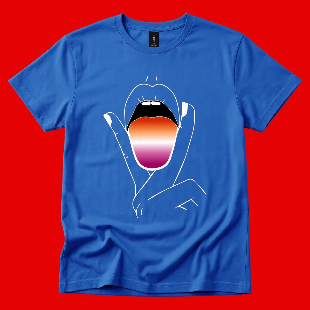 Minimalist line art of an open mouth with pride flag gradient colors, framed by hands with expressive details