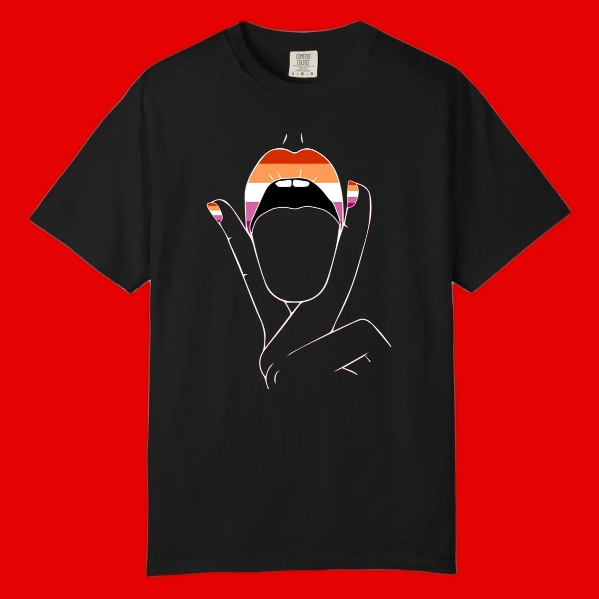 Illustration of woman's face with raised hands in lesbian pride flag colors - red, orange, white, pink, magenta stripes