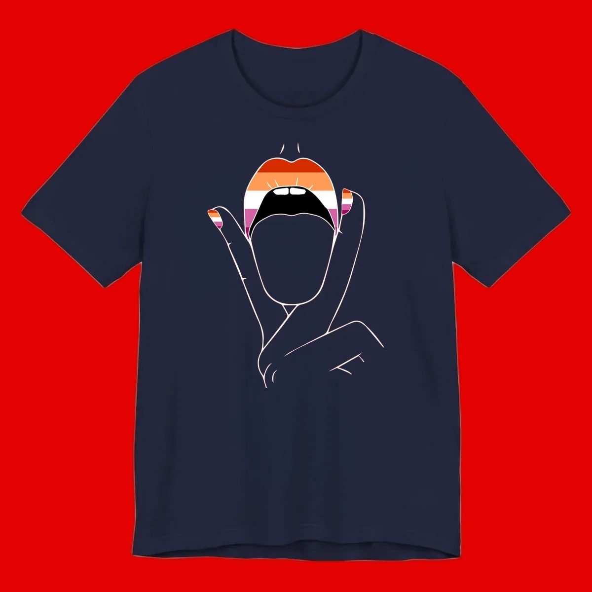 Illustration of woman's face with raised hands in lesbian pride flag colors - red, orange, white, pink, magenta stripes