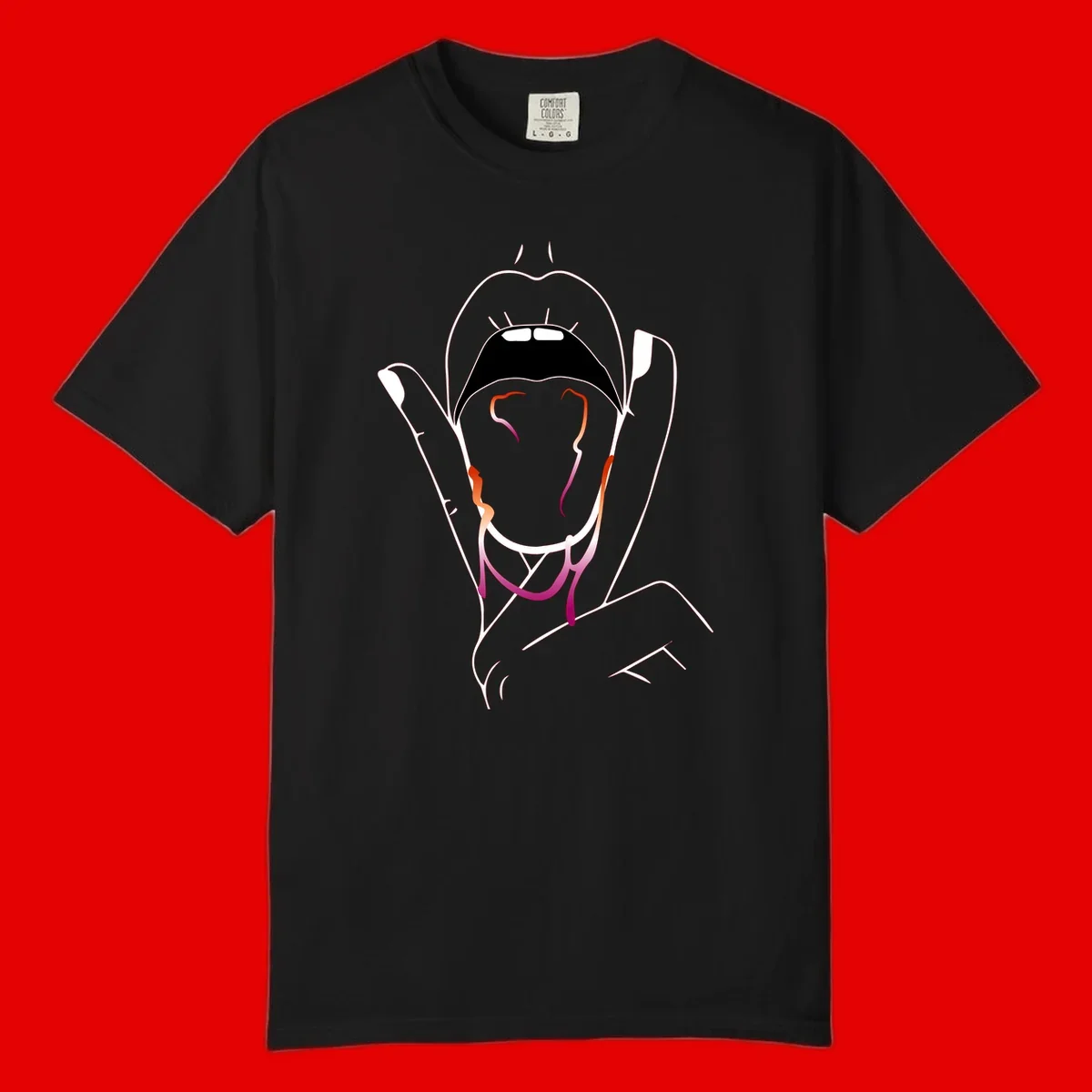 Minimalist line art illustration of an open mouth with colorful gradient tongue in pride colors on gray background