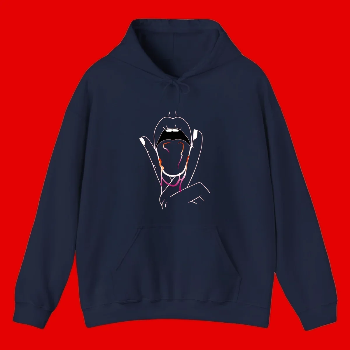Minimalist line art illustration of an open mouth with colorful gradient tongue in pride colors on gray background