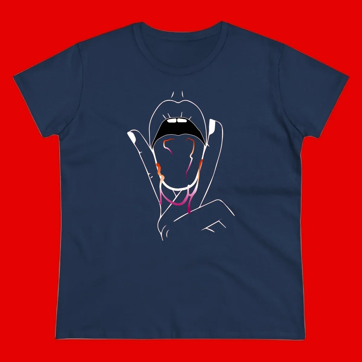Minimalist line art illustration of an open mouth with colorful gradient tongue in pride colors on gray background