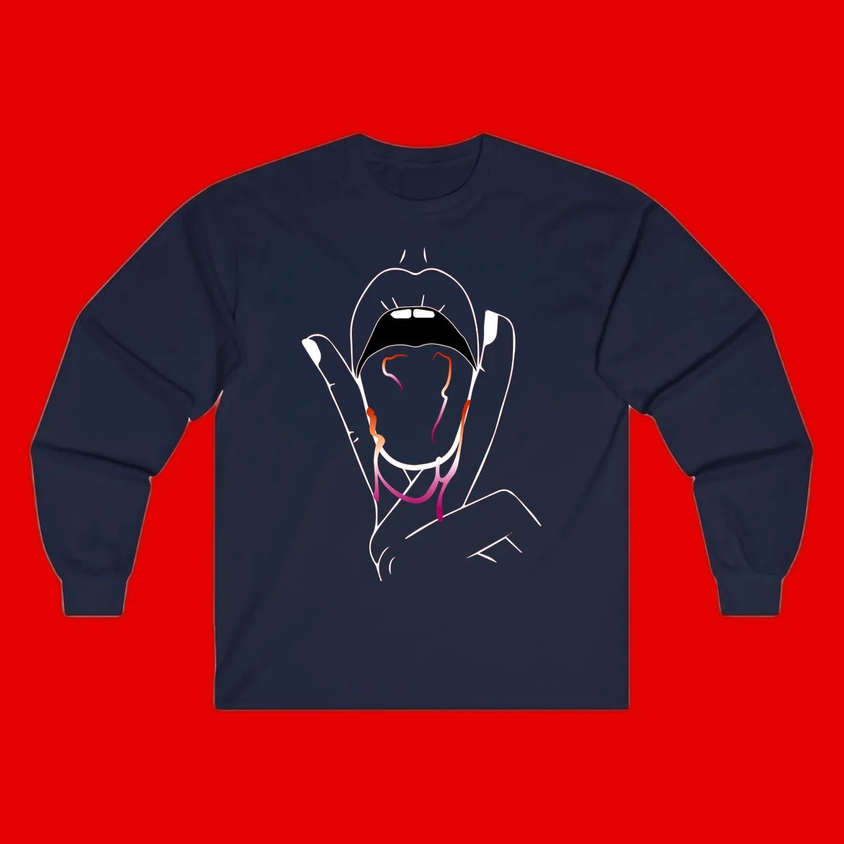 Minimalist line art illustration of an open mouth with colorful gradient tongue in pride colors on gray background