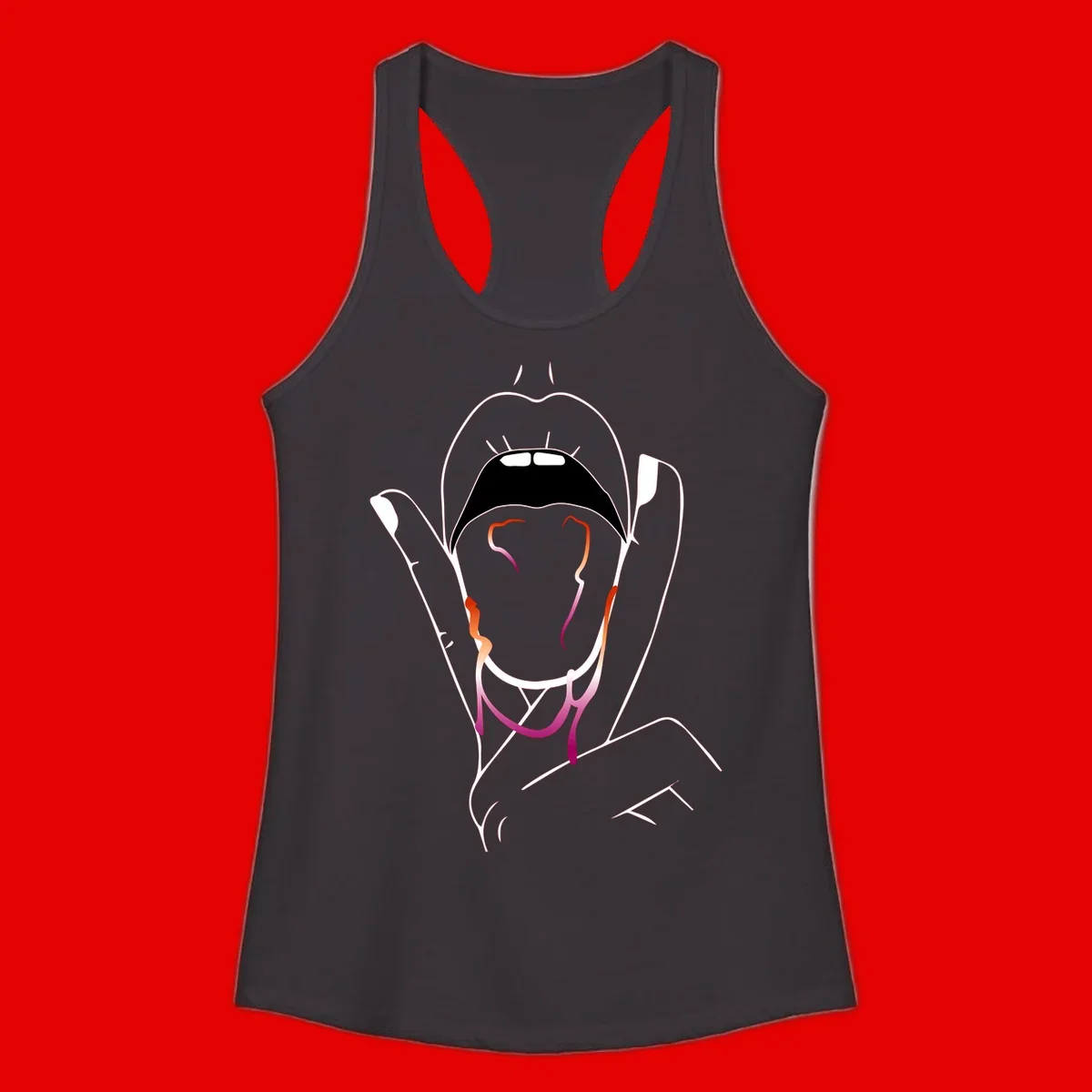 Minimalist line art illustration of an open mouth with colorful gradient tongue in pride colors on gray background