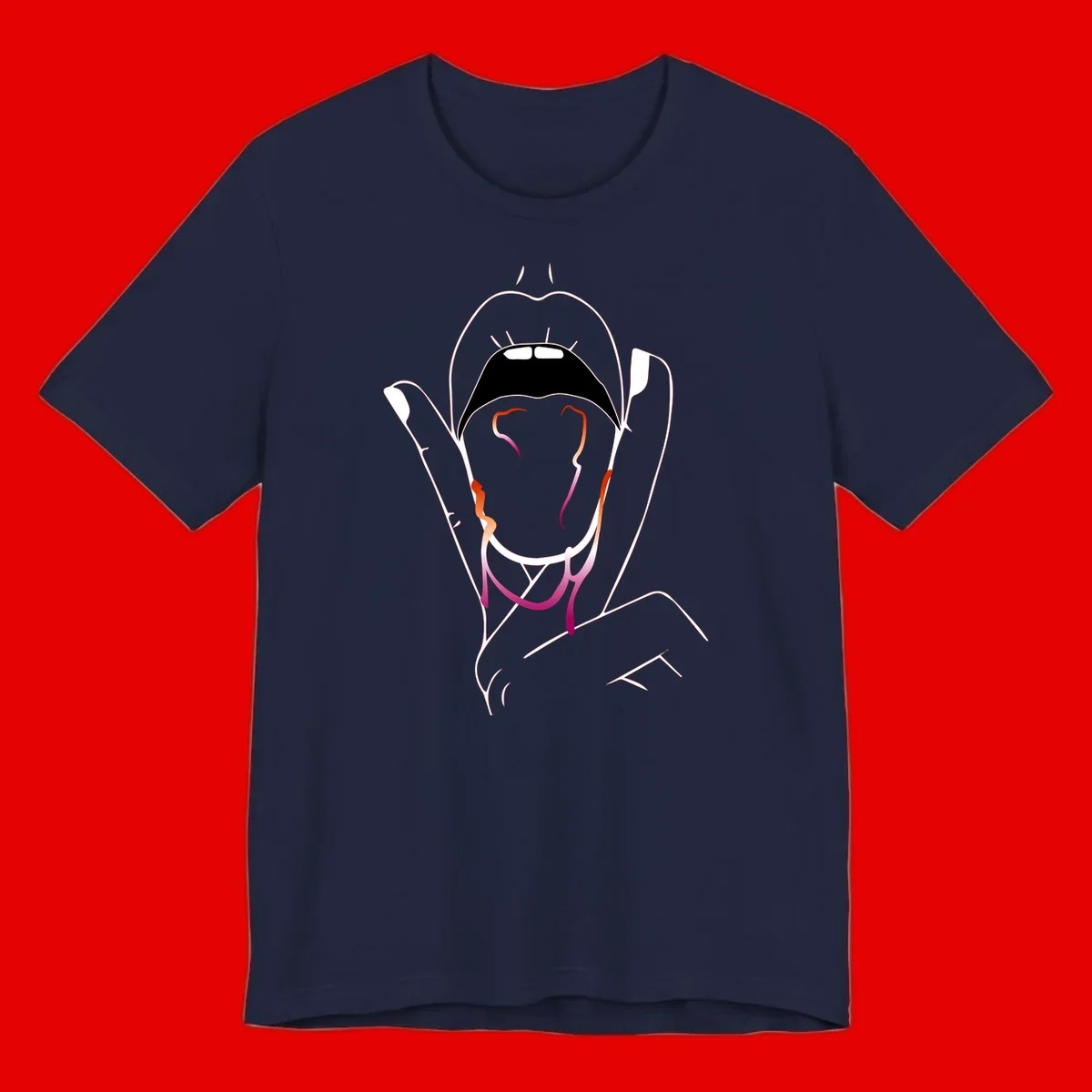Minimalist line art illustration of an open mouth with colorful gradient tongue in pride colors on gray background