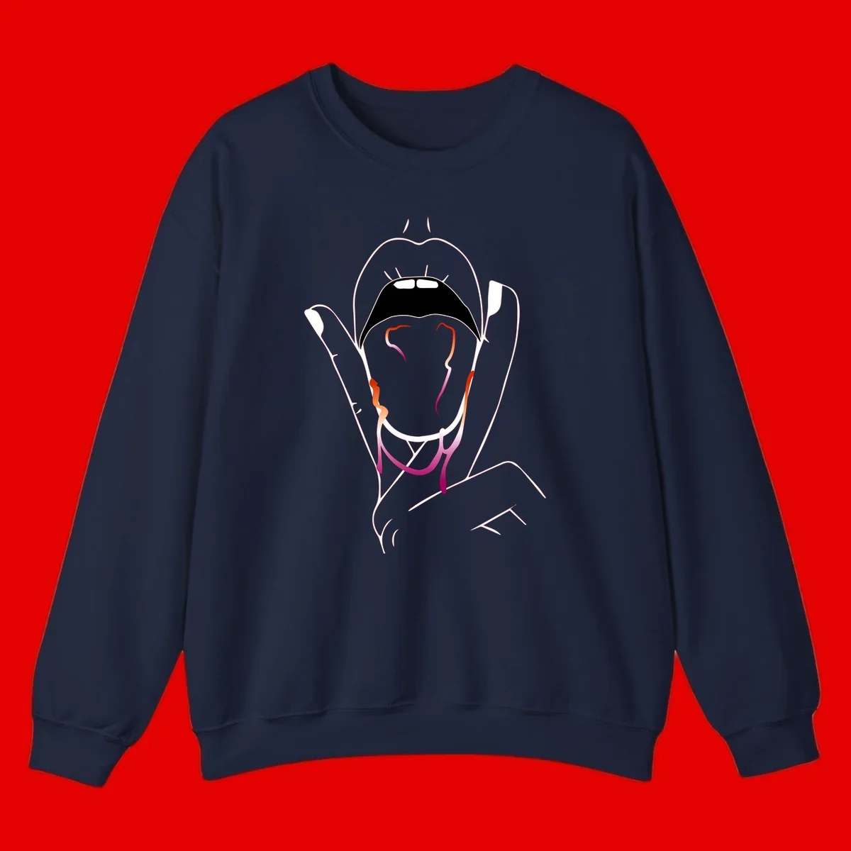 Minimalist line art illustration of an open mouth with colorful gradient tongue in pride colors on gray background