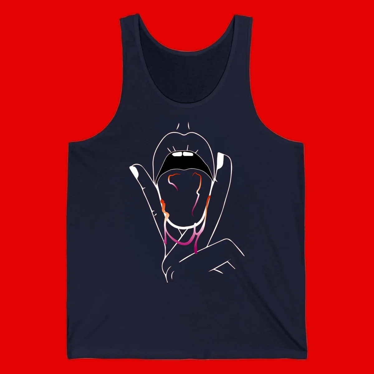 Minimalist line art illustration of an open mouth with colorful gradient tongue in pride colors on gray background