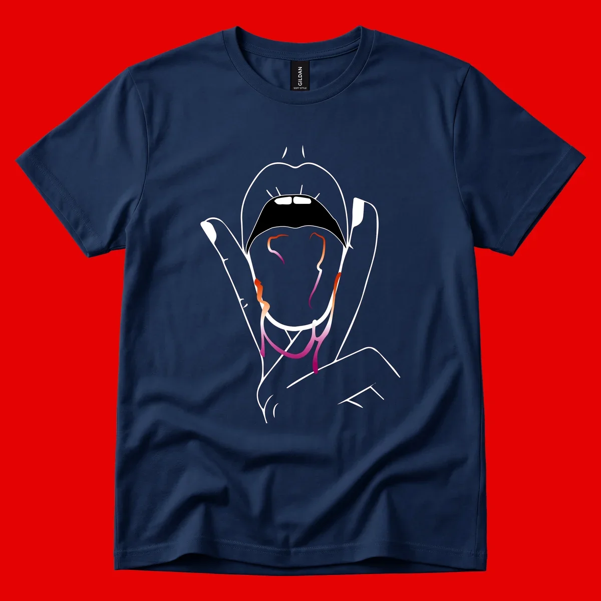 Minimalist line art illustration of an open mouth with colorful gradient tongue in pride colors on gray background
