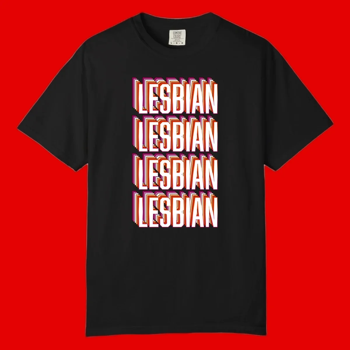 Lesbian retro 3D text design with layered purple, magenta, orange and red striped lettering creating dimensional shadow effect