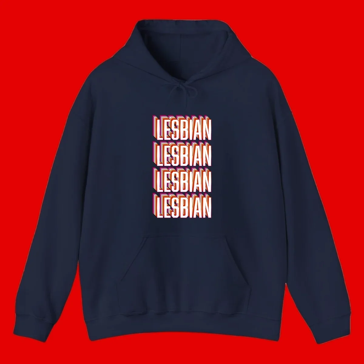 Lesbian retro 3D text design with layered purple, magenta, orange and red striped lettering creating dimensional shadow effect