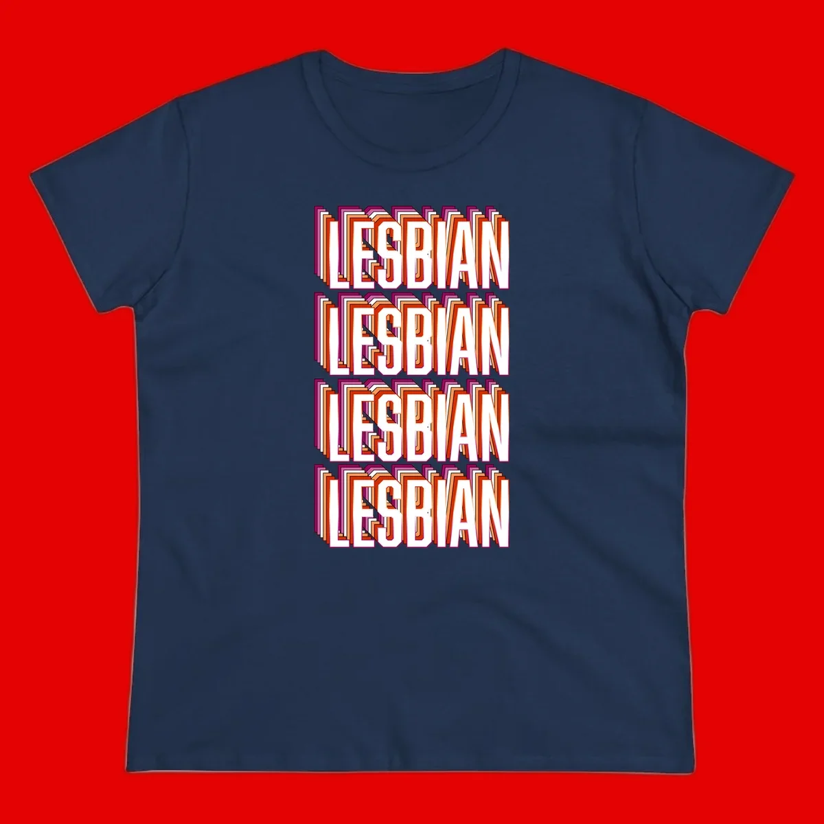 Lesbian retro 3D text design with layered purple, magenta, orange and red striped lettering creating dimensional shadow effect
