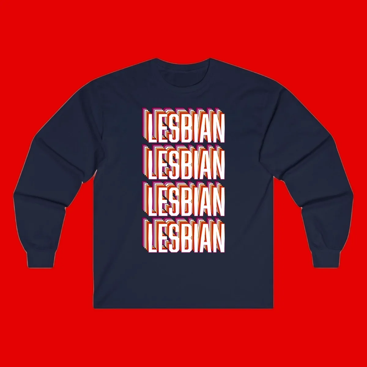 Lesbian retro 3D text design with layered purple, magenta, orange and red striped lettering creating dimensional shadow effect