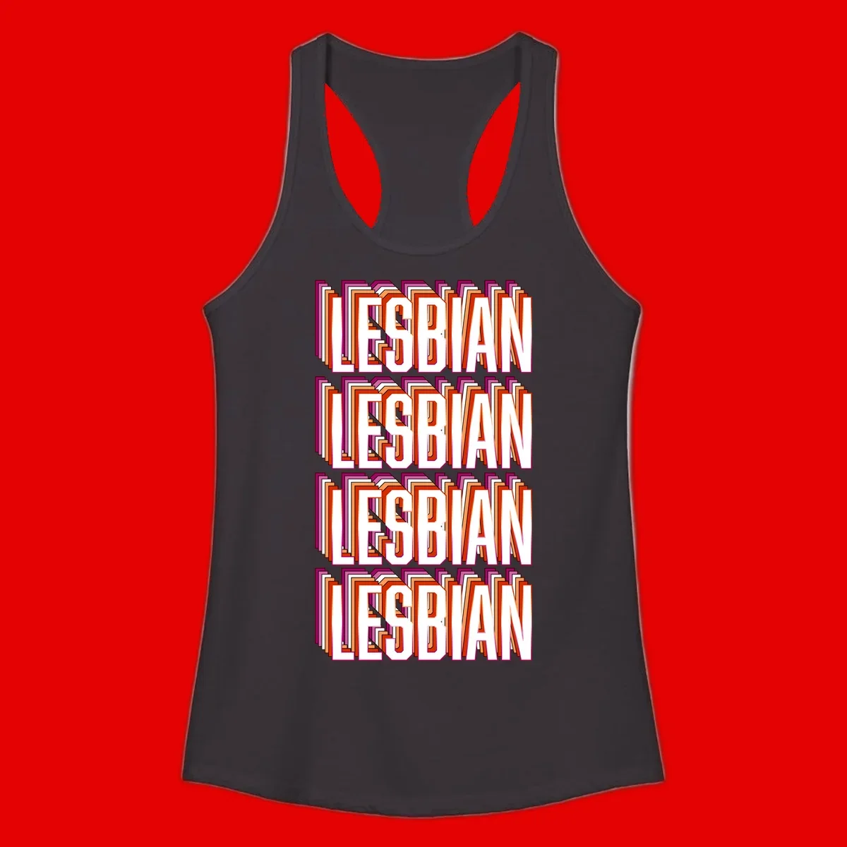 Lesbian retro 3D text design with layered purple, magenta, orange and red striped lettering creating dimensional shadow effect