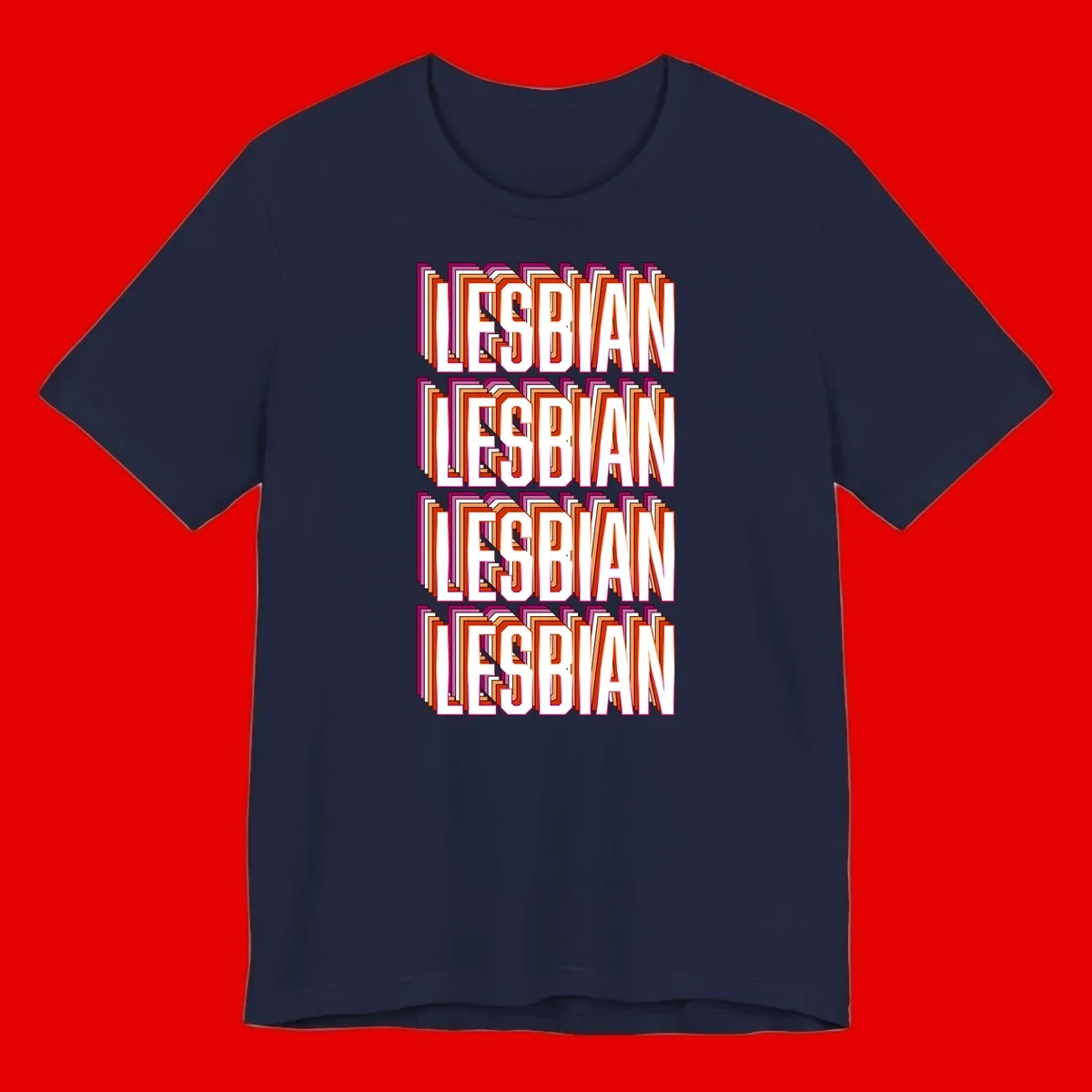 Lesbian retro 3D text design with layered purple, magenta, orange and red striped lettering creating dimensional shadow effect