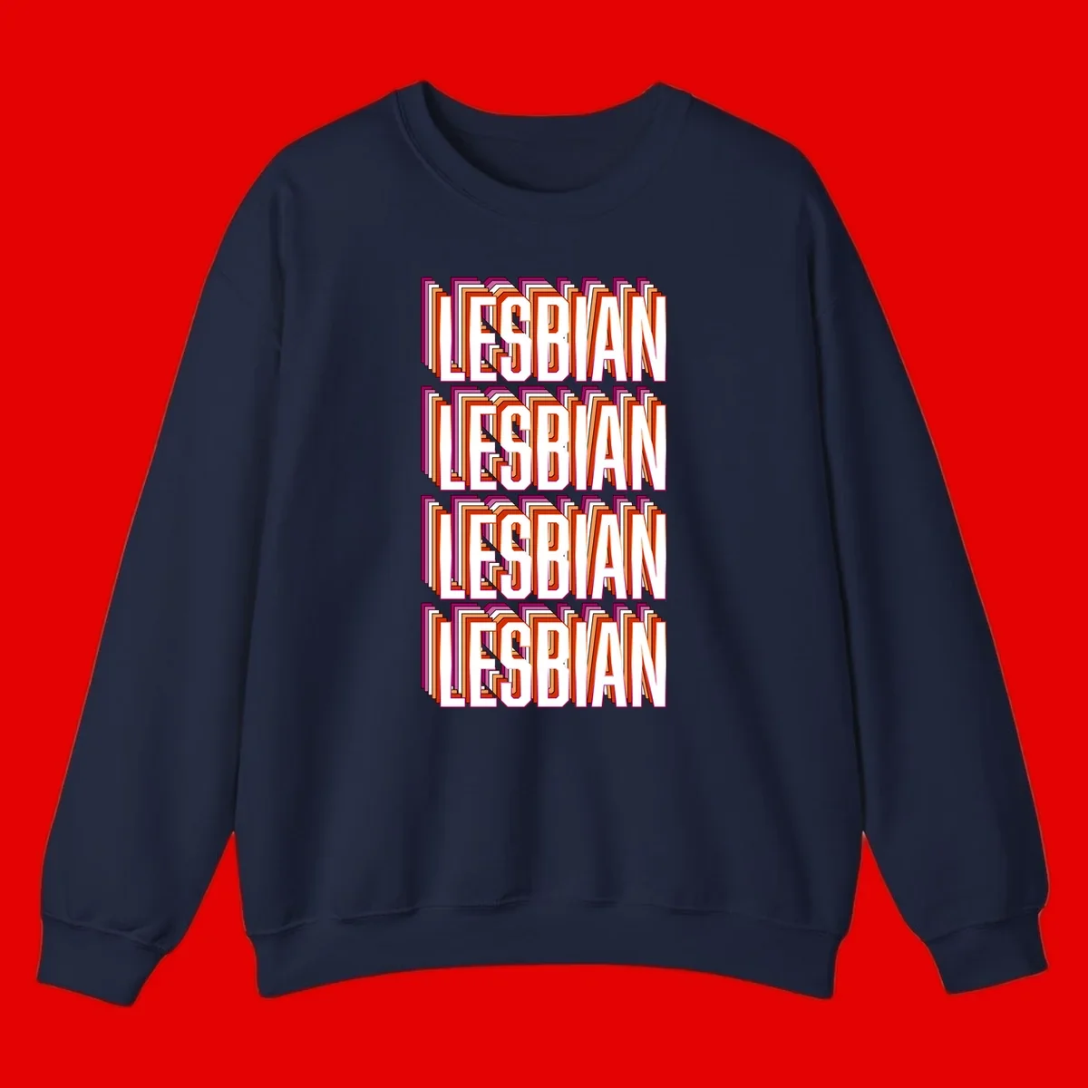 Lesbian retro 3D text design with layered purple, magenta, orange and red striped lettering creating dimensional shadow effect