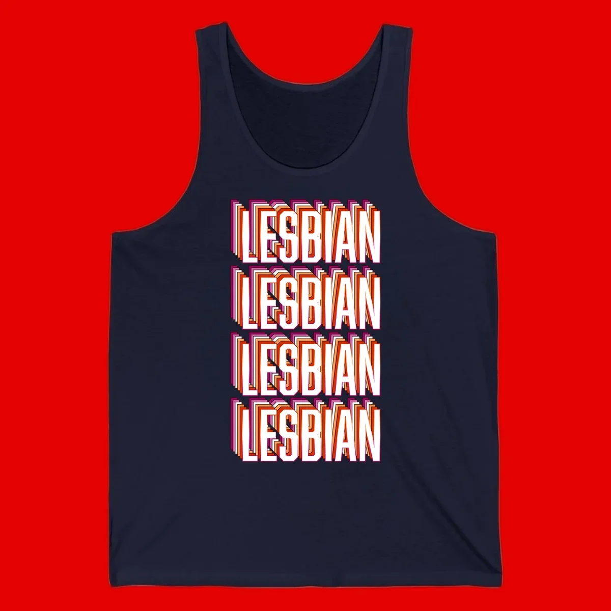 Lesbian retro 3D text design with layered purple, magenta, orange and red striped lettering creating dimensional shadow effect