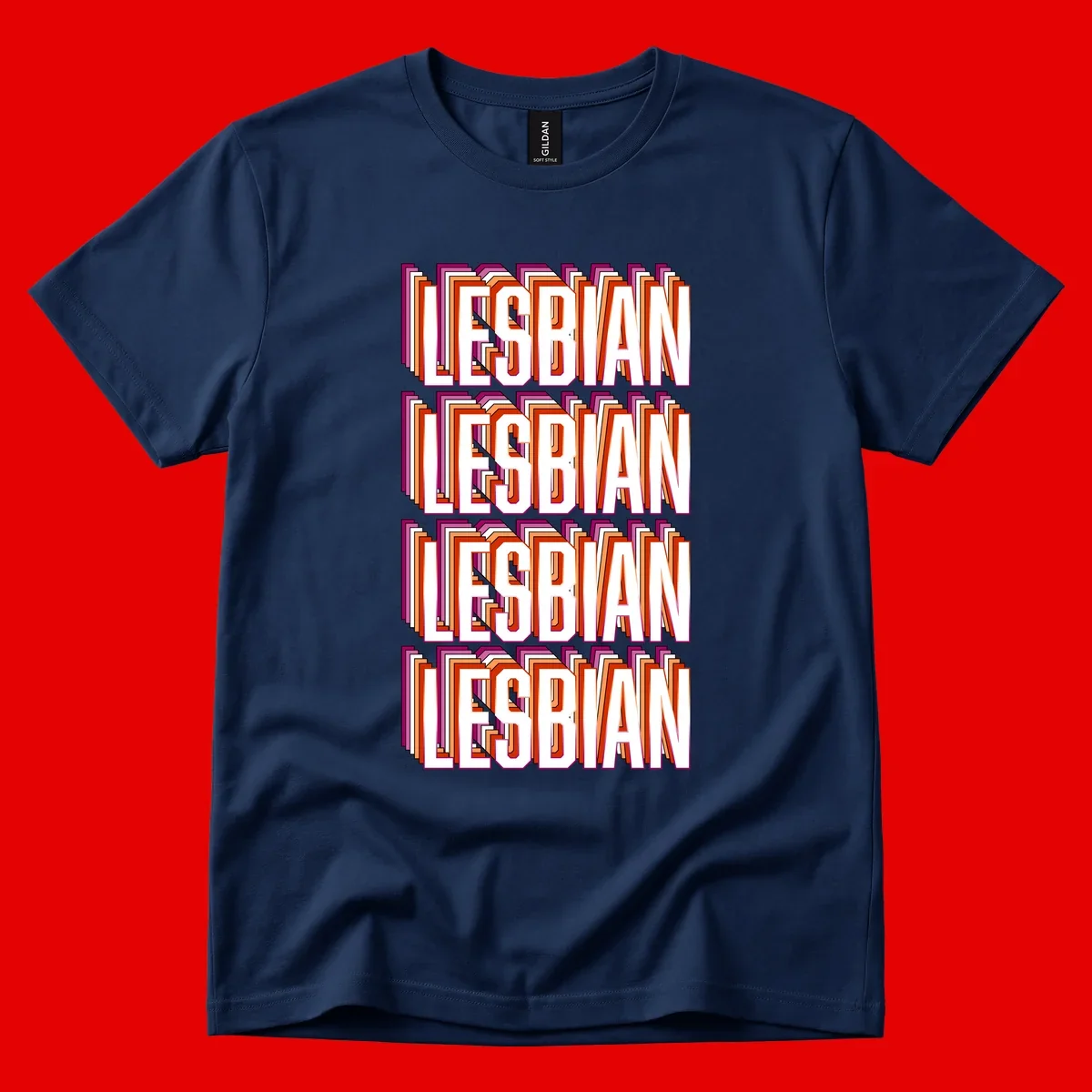 Lesbian retro 3D text design with layered purple, magenta, orange and red striped lettering creating dimensional shadow effect