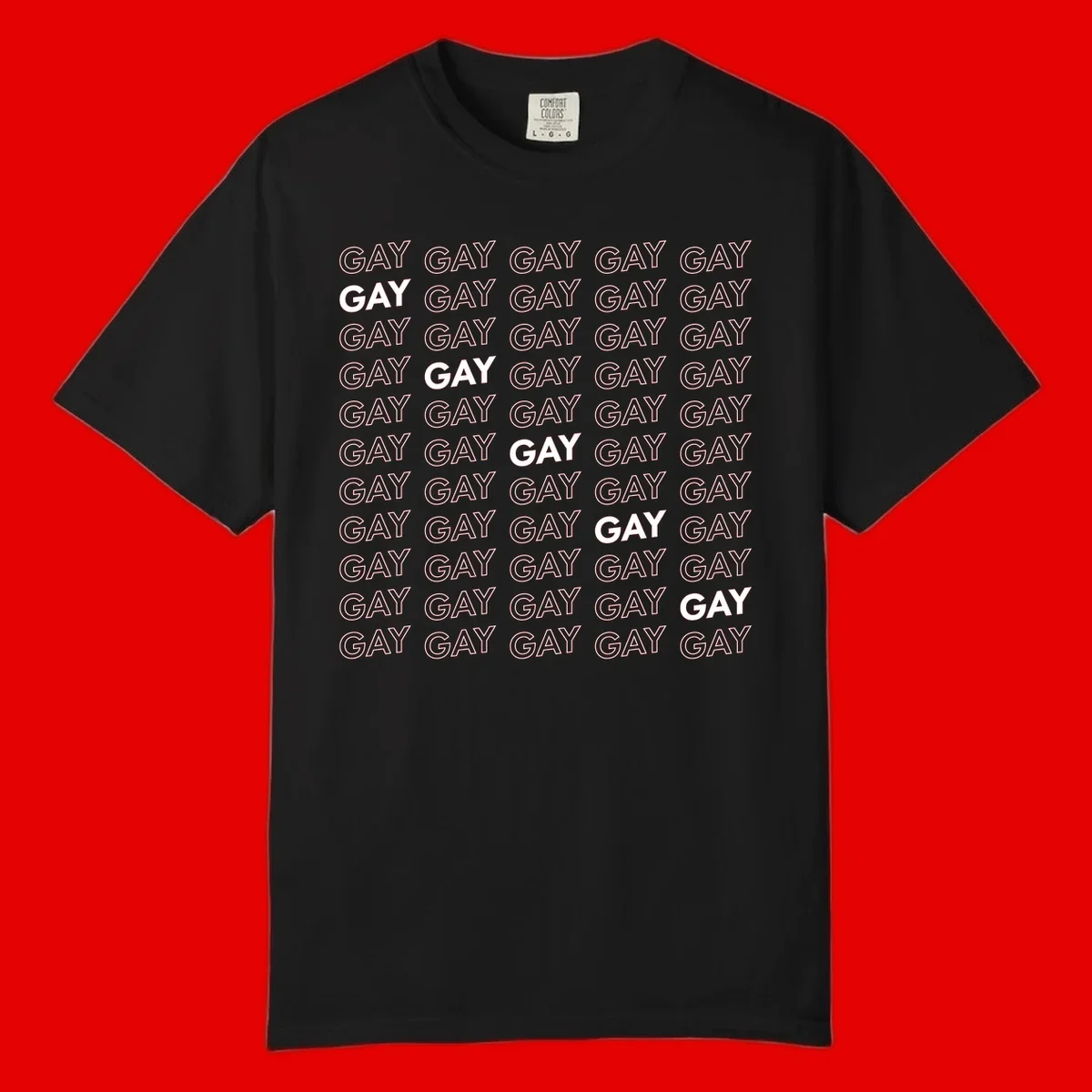 Gay pride pattern repeat design with the word GAY in outlined and solid white letters on a gray background