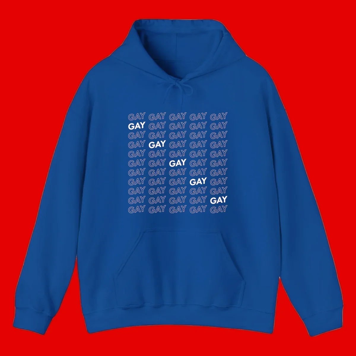 Gay pride pattern repeat design with the word GAY in outlined and solid white letters on a gray background