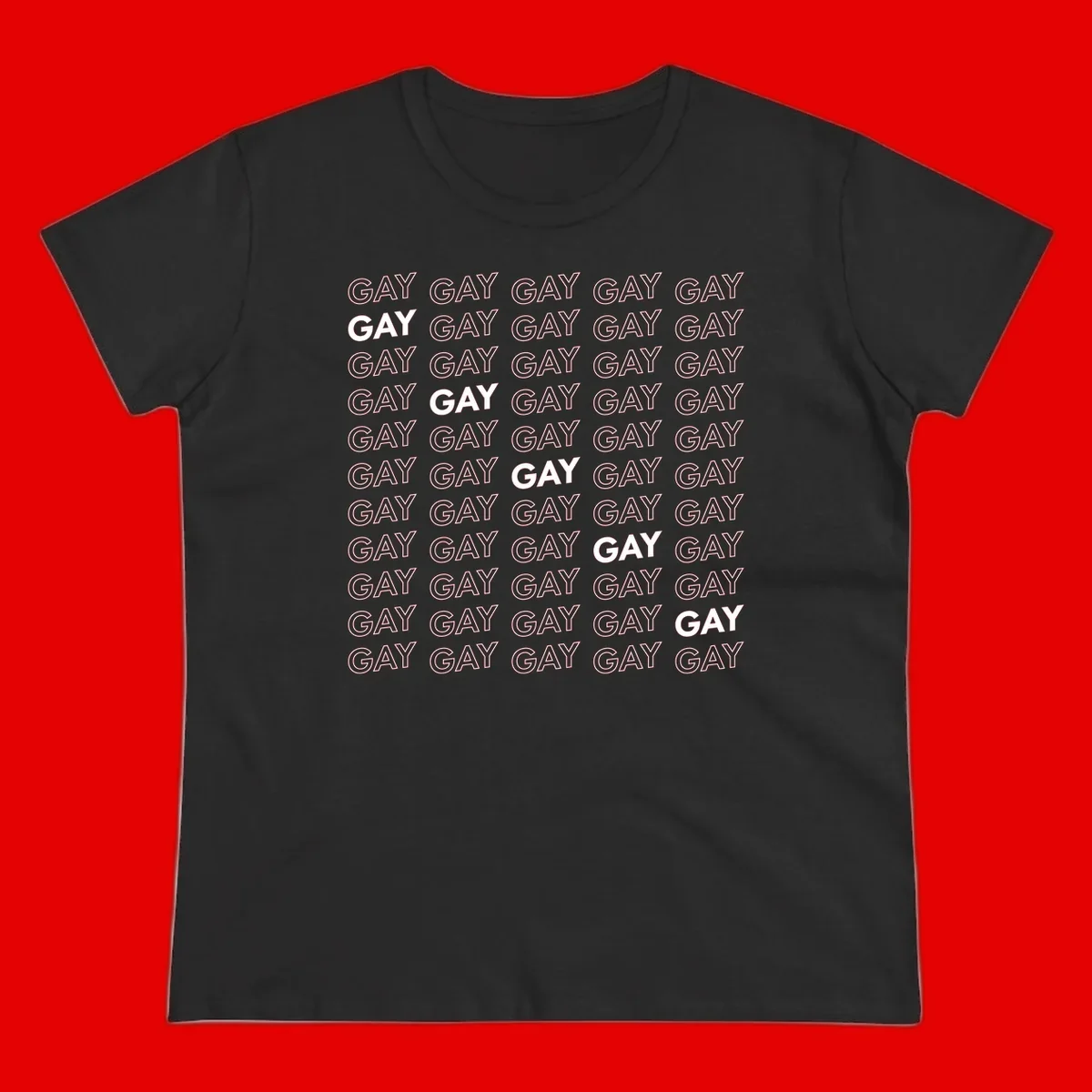Gay pride pattern repeat design with the word GAY in outlined and solid white letters on a gray background