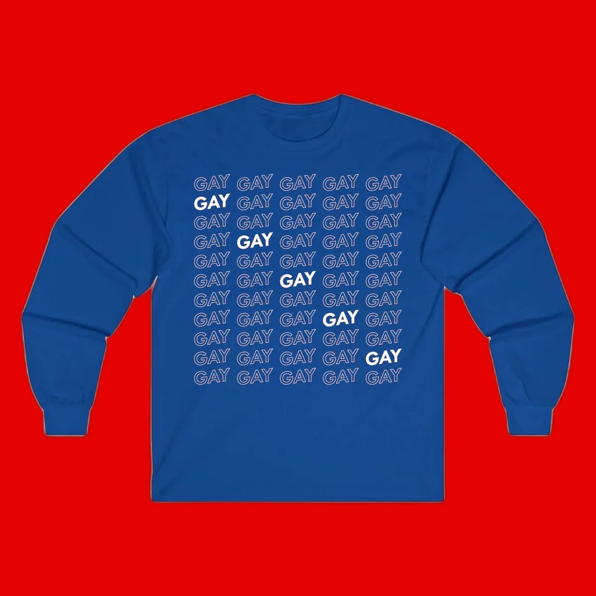 Gay pride pattern repeat design with the word GAY in outlined and solid white letters on a gray background