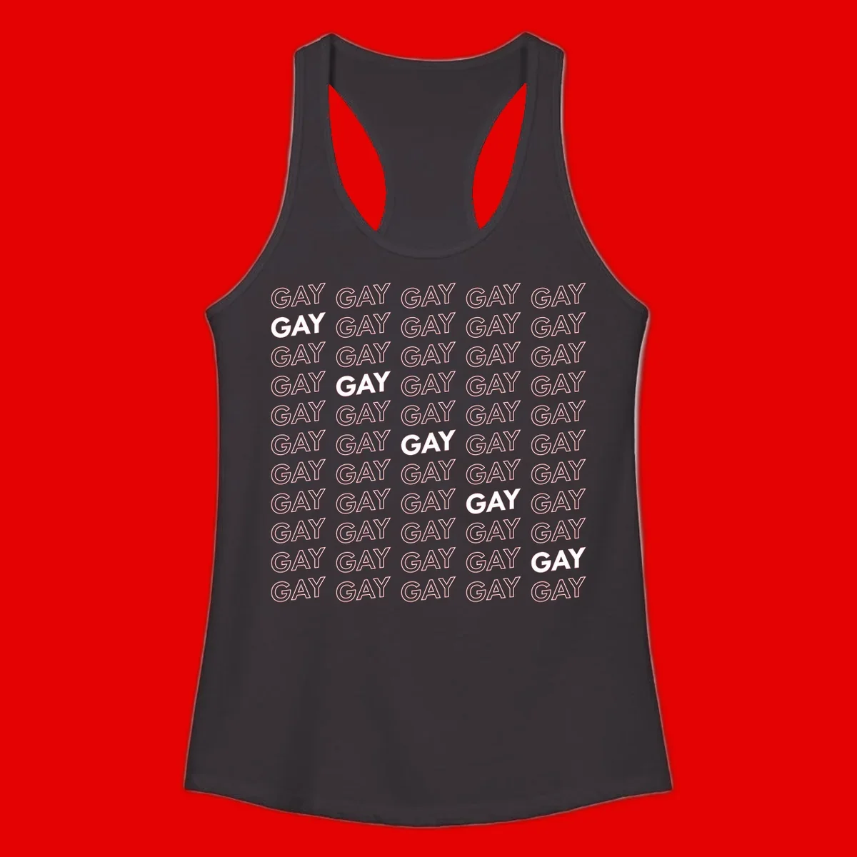 Gay pride pattern repeat design with the word GAY in outlined and solid white letters on a gray background