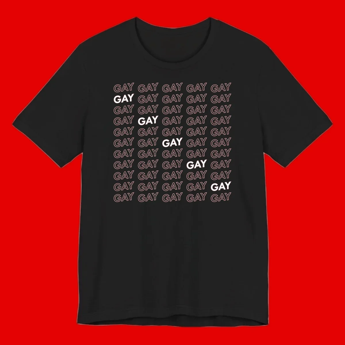 Gay pride pattern repeat design with the word GAY in outlined and solid white letters on a gray background