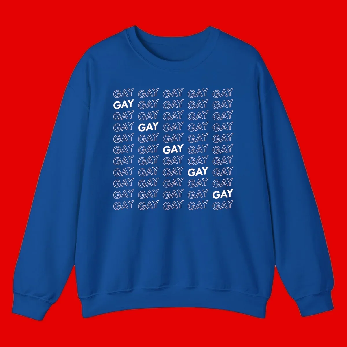 Gay pride pattern repeat design with the word GAY in outlined and solid white letters on a gray background
