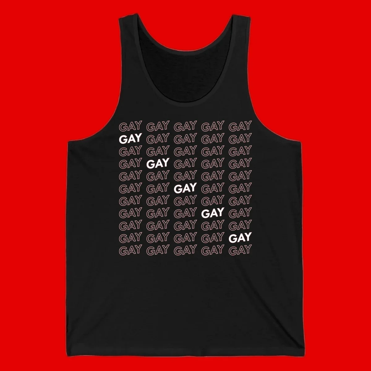 Gay pride pattern repeat design with the word GAY in outlined and solid white letters on a gray background