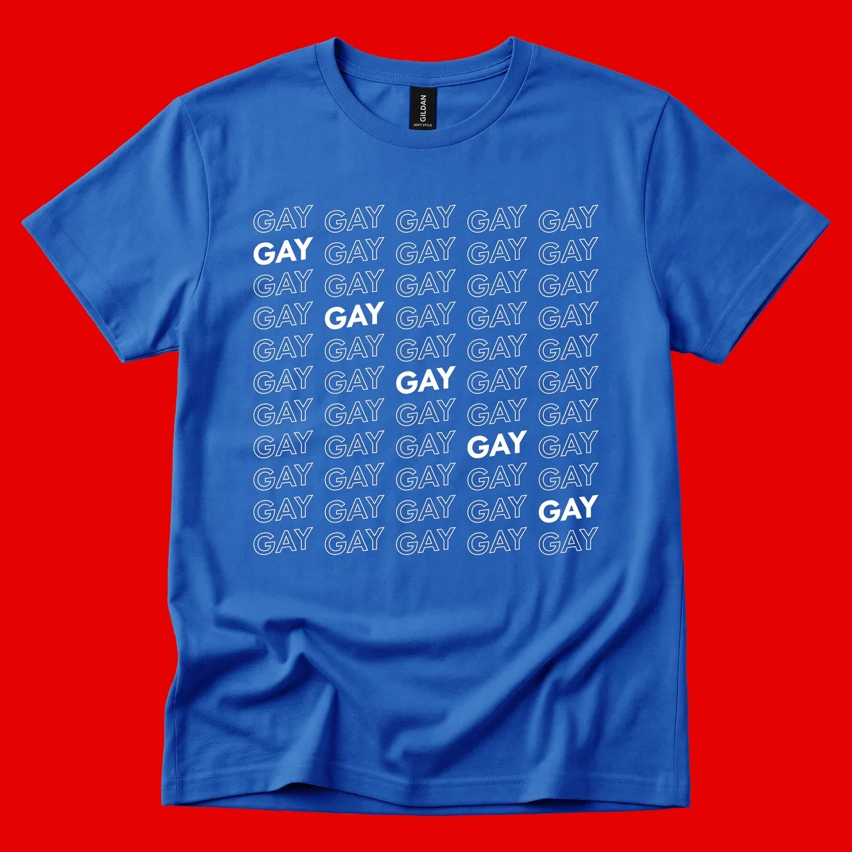 Gay pride pattern repeat design with the word GAY in outlined and solid white letters on a gray background