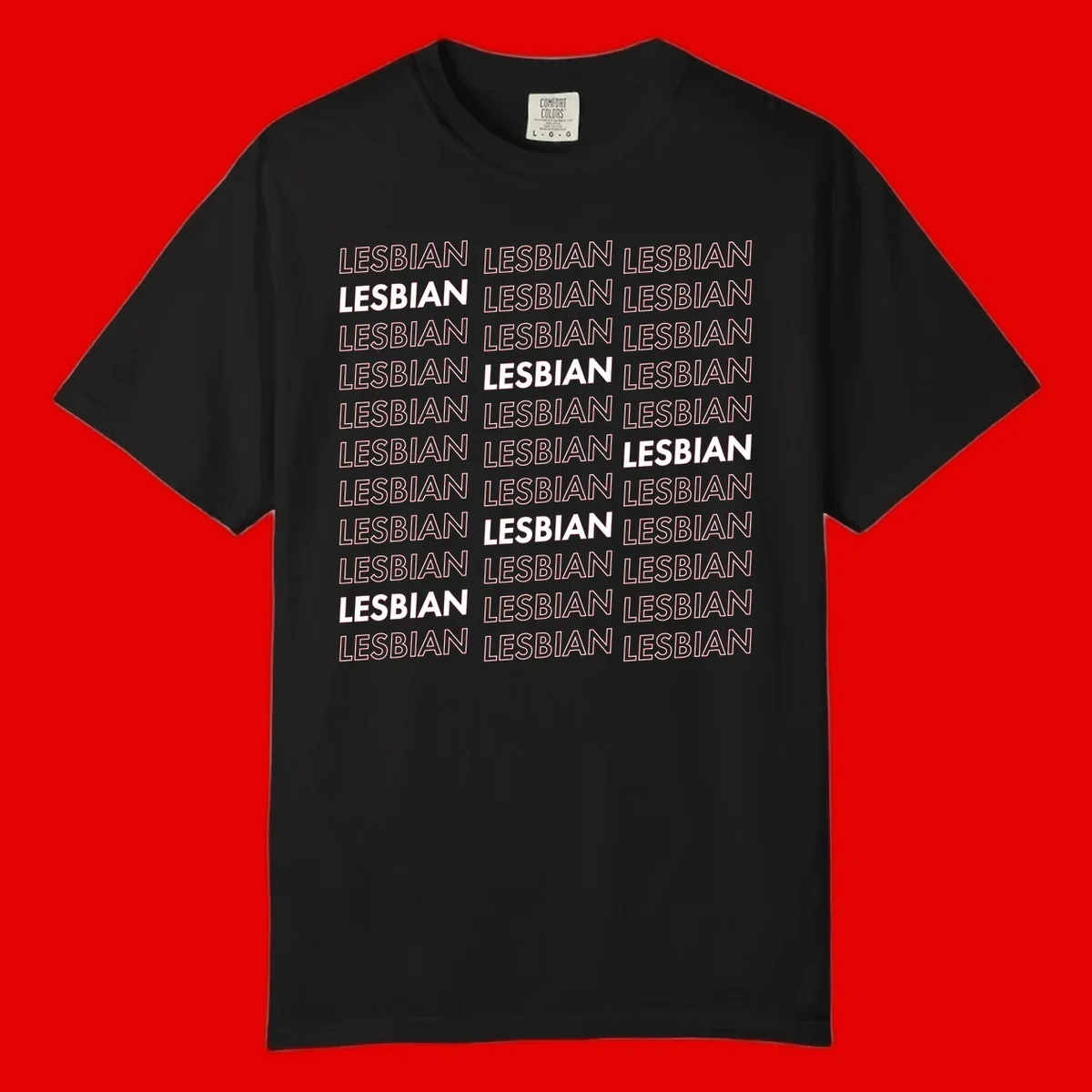 Repeating pattern of the word LESBIAN in bold white and outlined text on gray background for lesbian pride