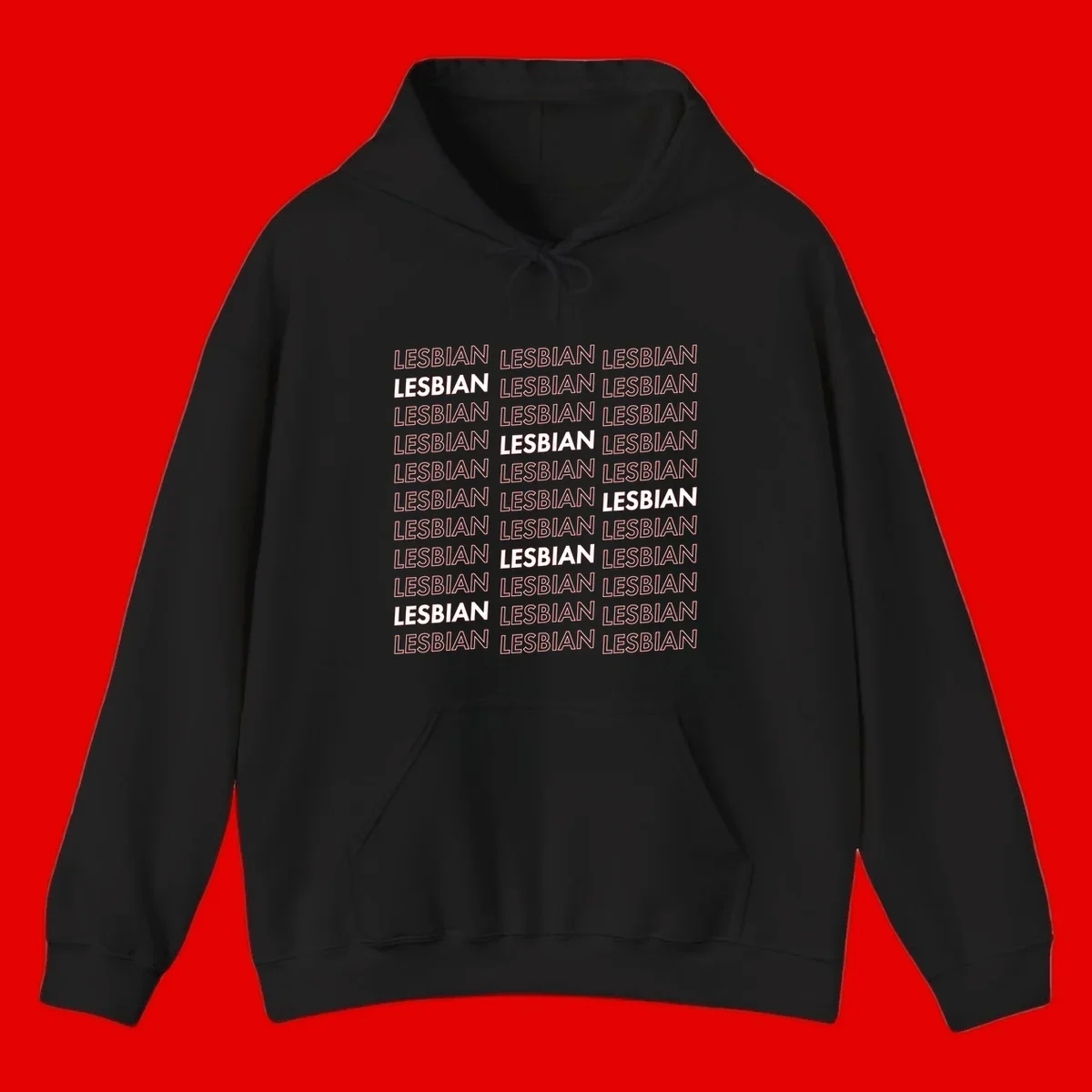 Repeating pattern of the word LESBIAN in bold white and outlined text on gray background for lesbian pride