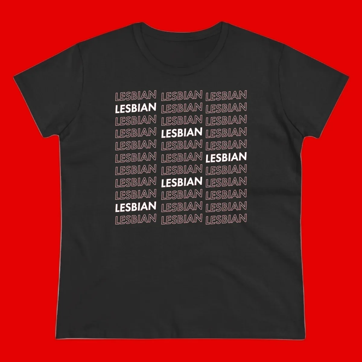 Repeating pattern of the word LESBIAN in bold white and outlined text on gray background for lesbian pride