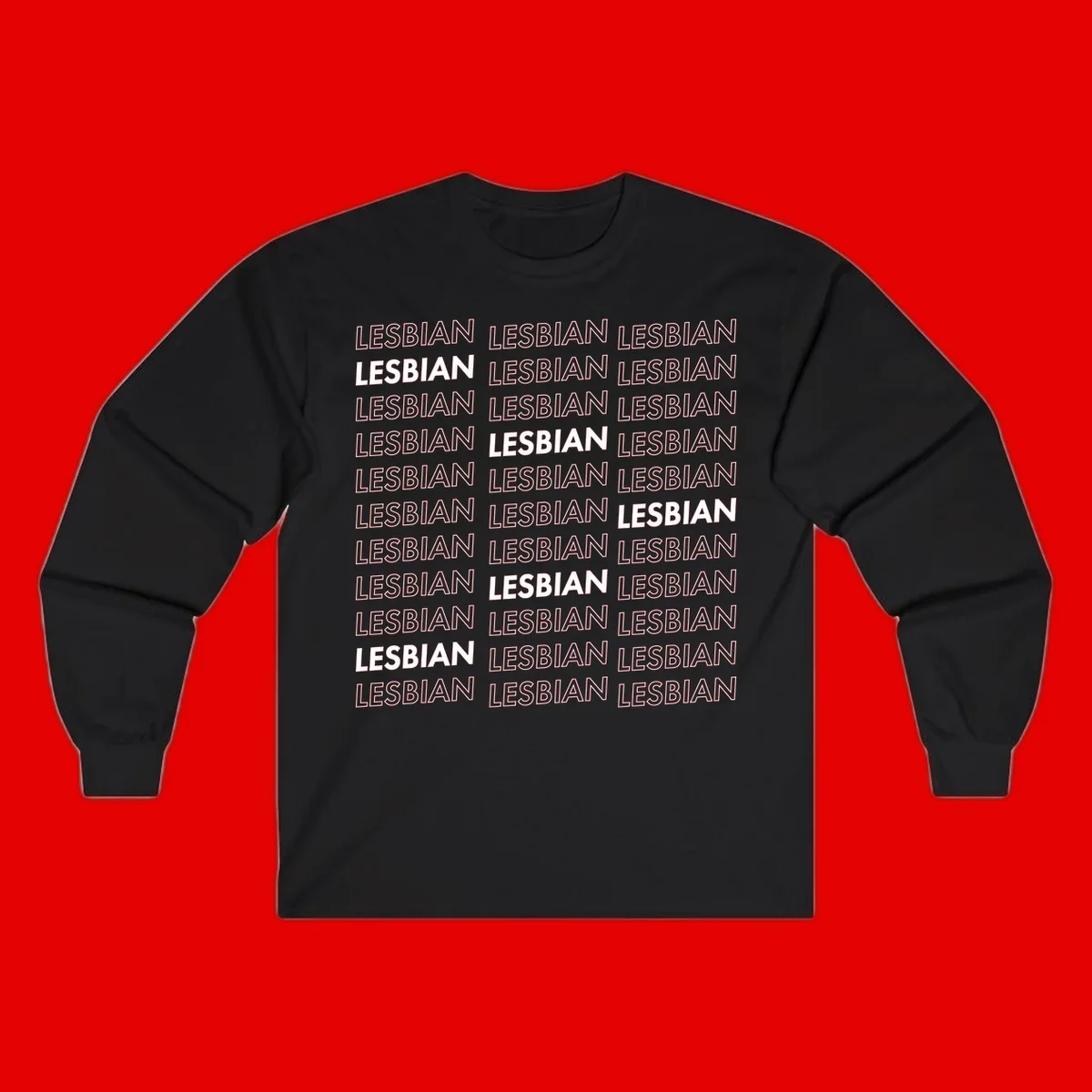 Repeating pattern of the word LESBIAN in bold white and outlined text on gray background for lesbian pride