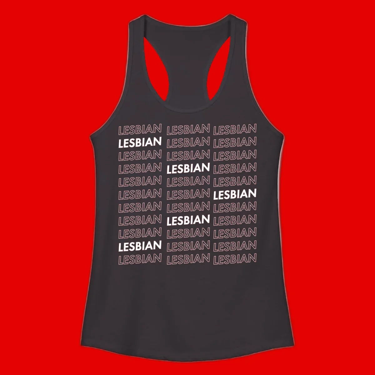 Repeating pattern of the word LESBIAN in bold white and outlined text on gray background for lesbian pride