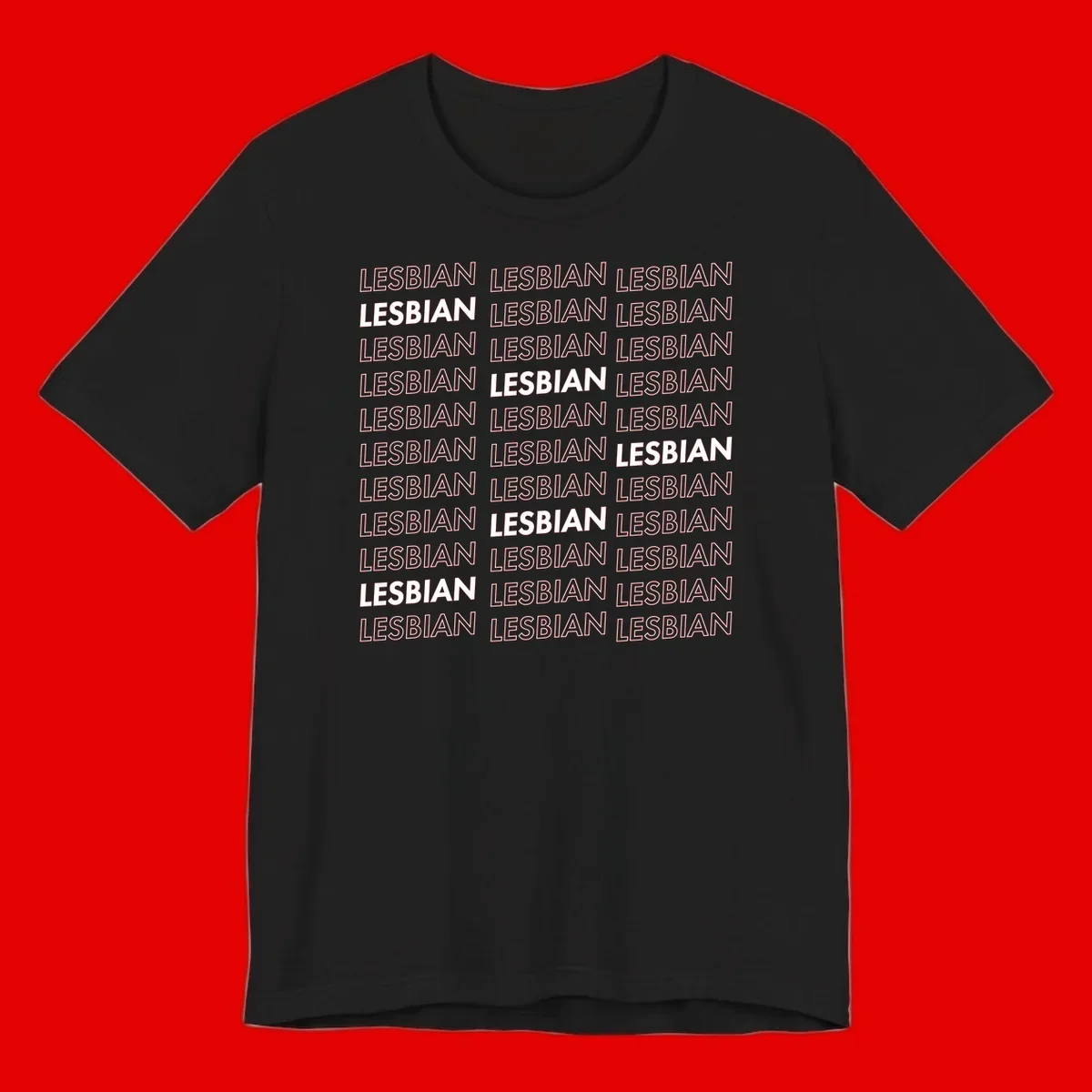 Repeating pattern of the word LESBIAN in bold white and outlined text on gray background for lesbian pride