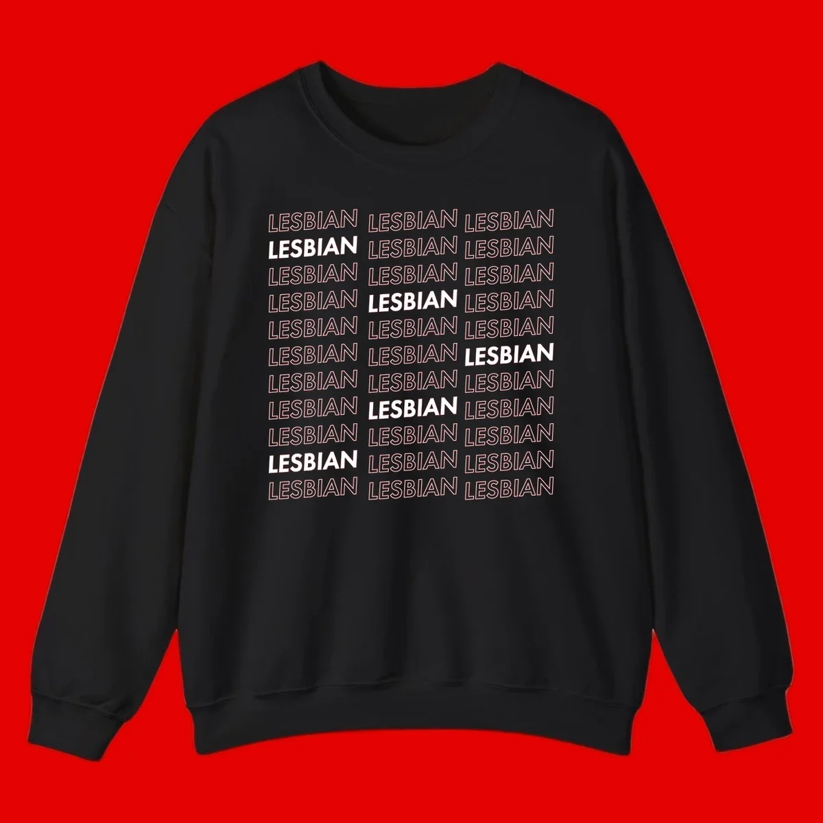 Repeating pattern of the word LESBIAN in bold white and outlined text on gray background for lesbian pride