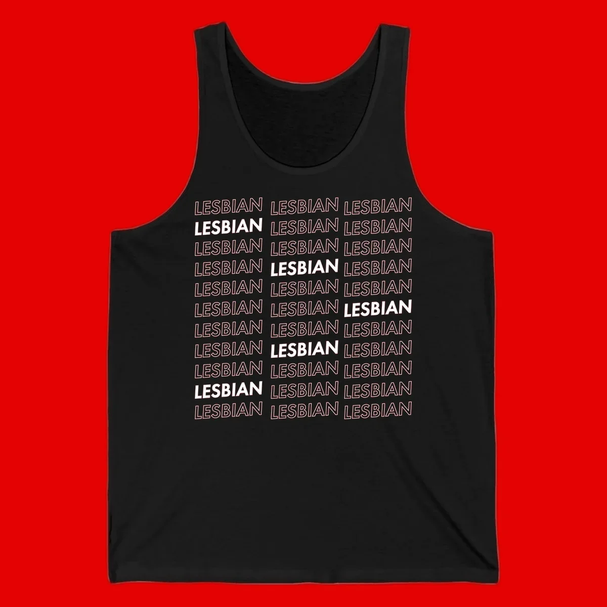 Repeating pattern of the word LESBIAN in bold white and outlined text on gray background for lesbian pride