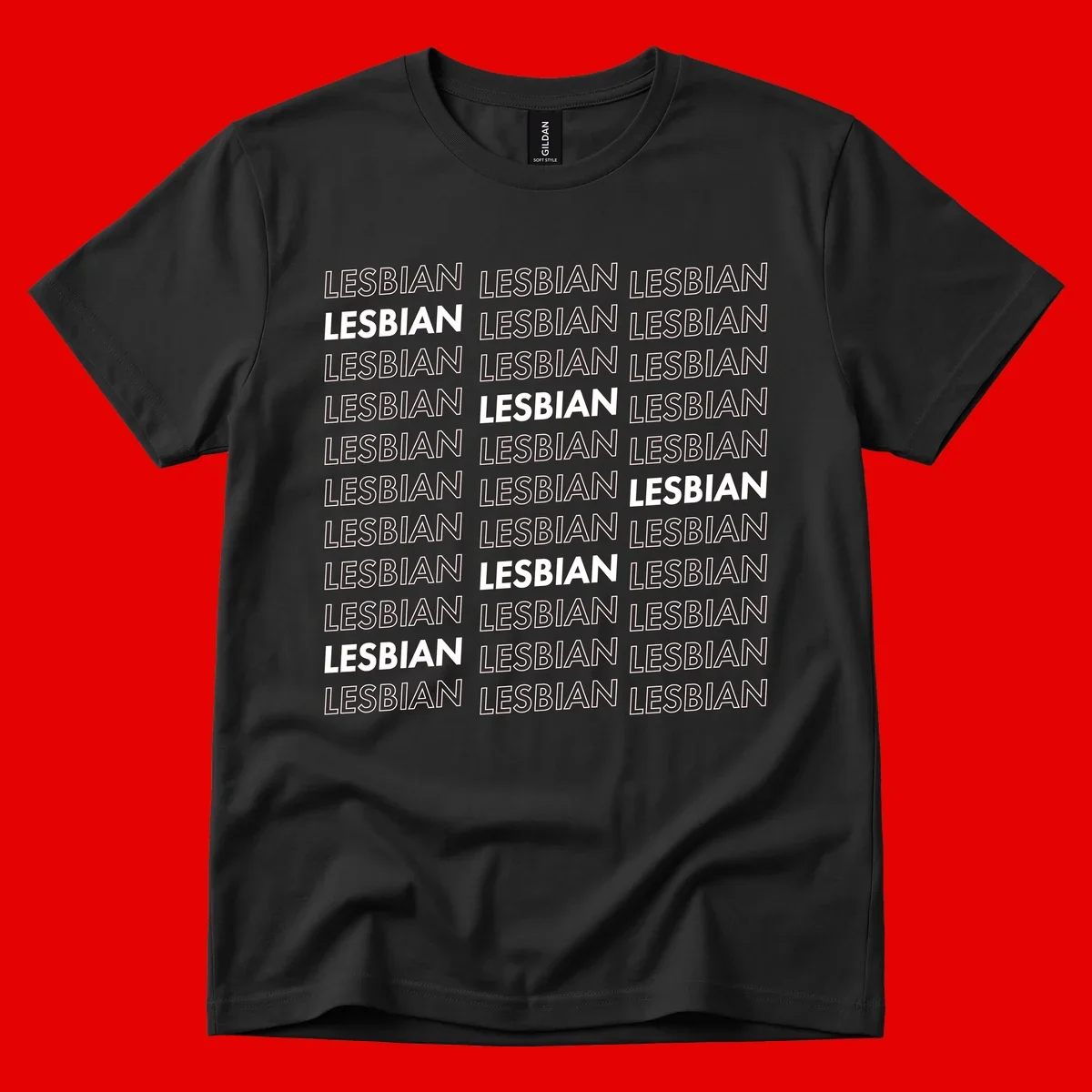 Repeating pattern of the word LESBIAN in bold white and outlined text on gray background for lesbian pride