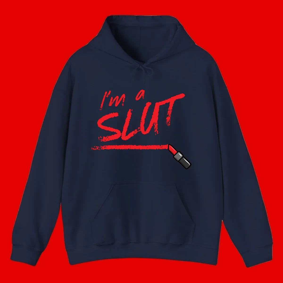 Bold red text reading 'I'm a slut' with red lipstick illustration below on gray background