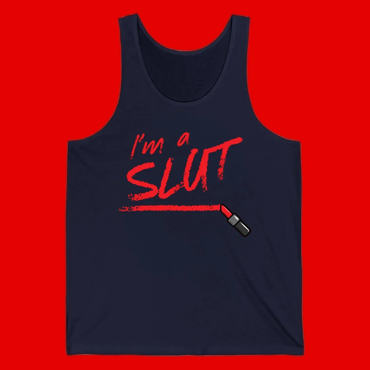 Bold red text reading 'I'm a slut' with red lipstick illustration below on gray background