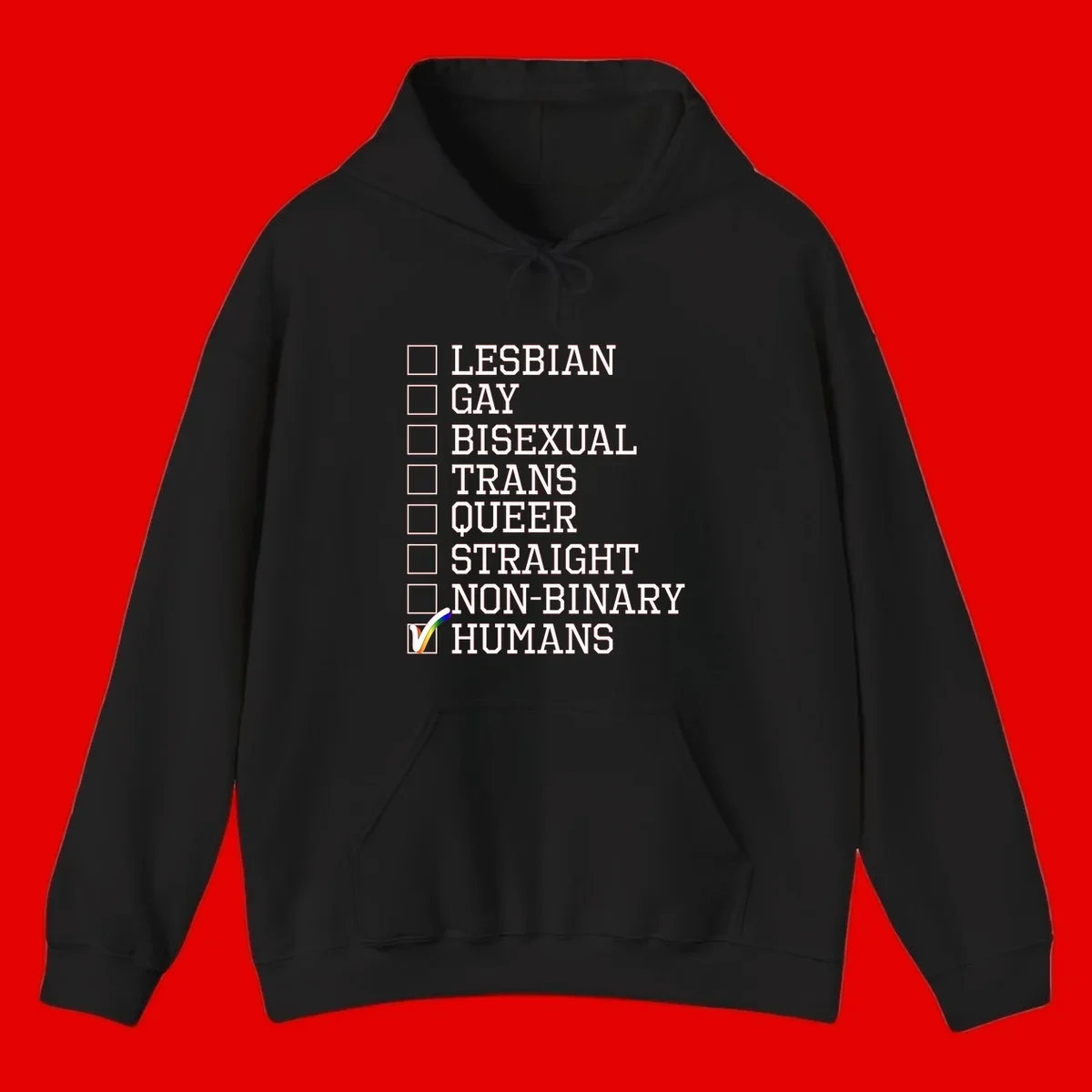 LGBTQ humans checklist design with empty checkboxes next to identity labels and a checked box with rainbow flag next to humans